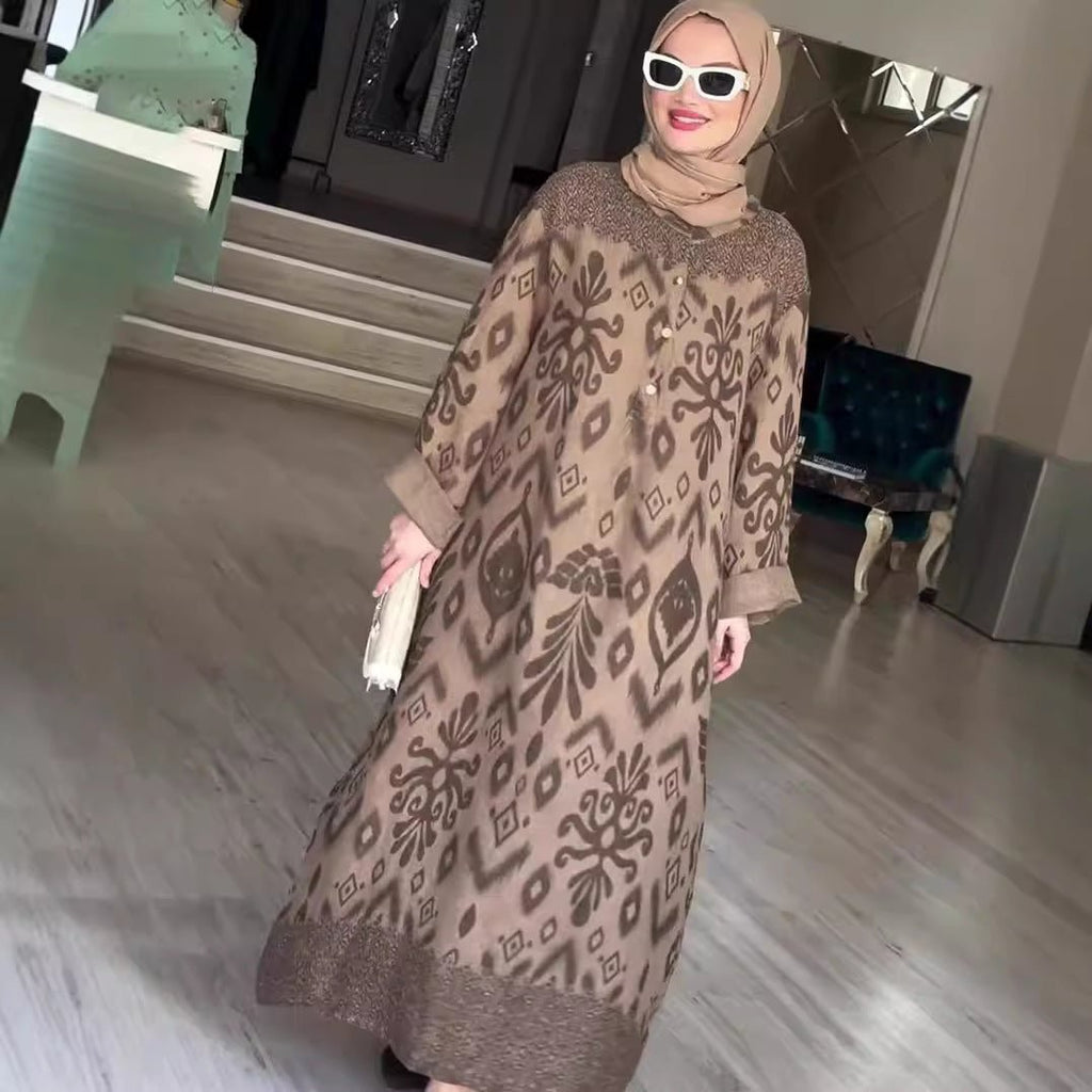 Long Sleeve Modest Maxi Dress | Elegant Ethnic Pattern Kaftan(MA379)