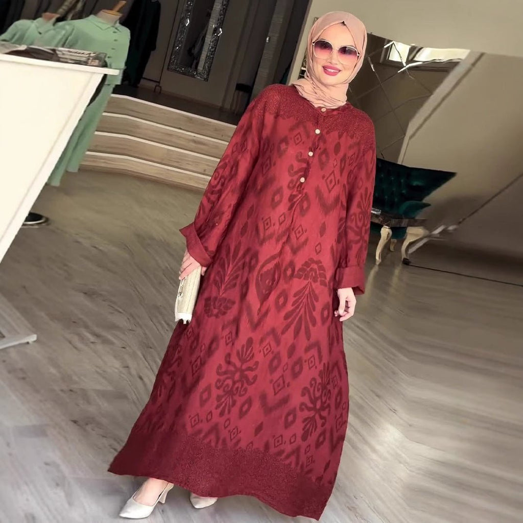 Long Sleeve Modest Maxi Dress | Elegant Ethnic Pattern Kaftan(MA379)