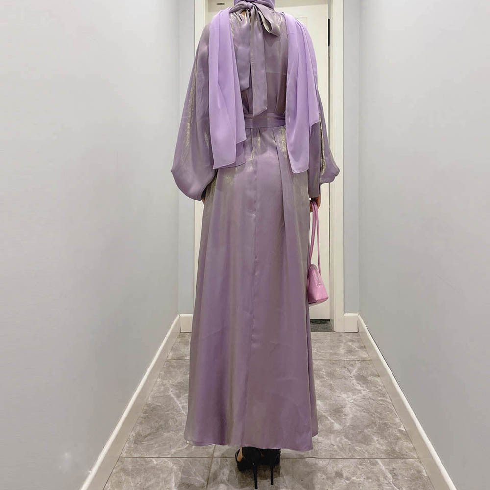 Luxurious Shimmer Abaya with Lantern Sleeves | Stand Collar Back Tie Maxi Dress(MA324)