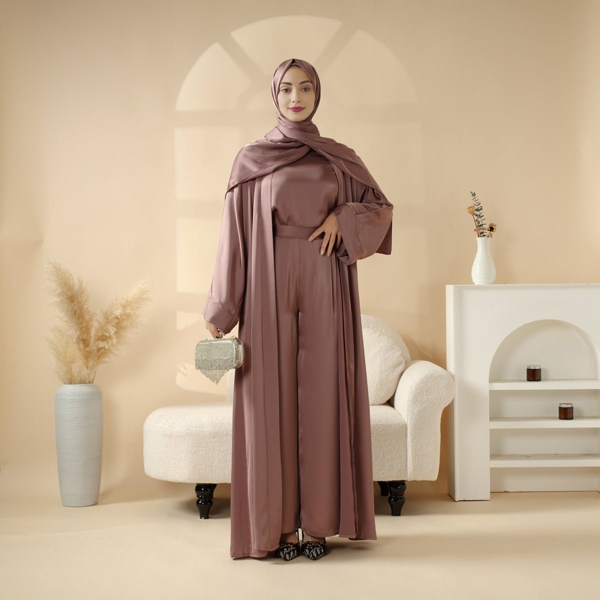 Luxury Satin Modest Abaya Set 4-Piece – Elegant Open Abaya, Top, Pants & Matching Hijab(MOA034)