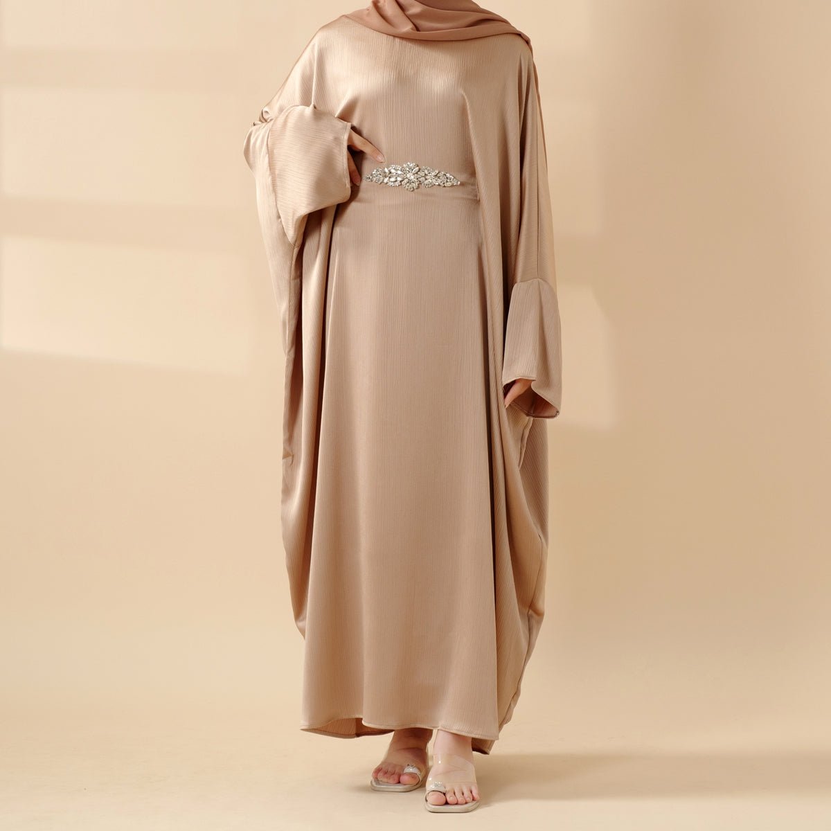 Modest Kaftan for Special Occasions: Batwing Abaya With Rhinestone Waist (MA135)