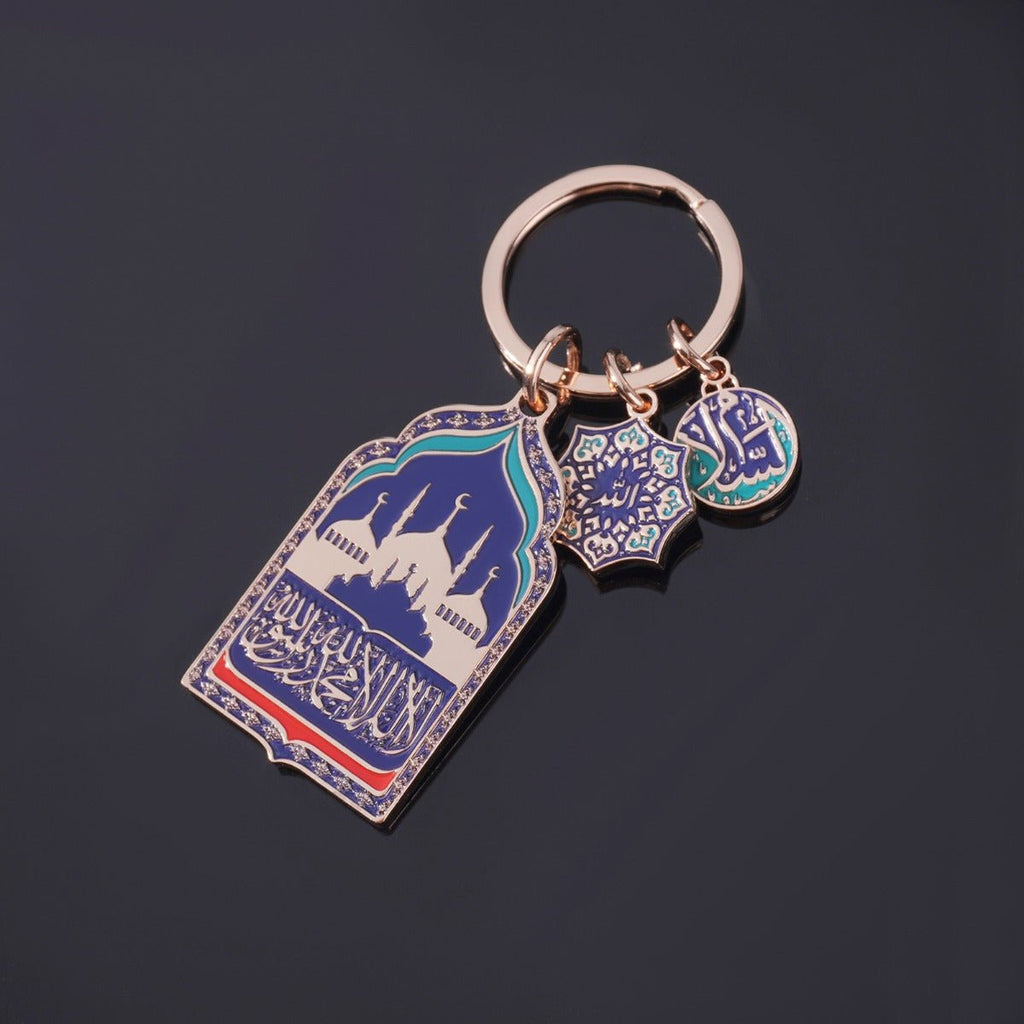 Mosque Keychain Car Hanger | Rose Gold Islamic Prayer Beads with Blue Enamel Mosque Charm(MAC254)