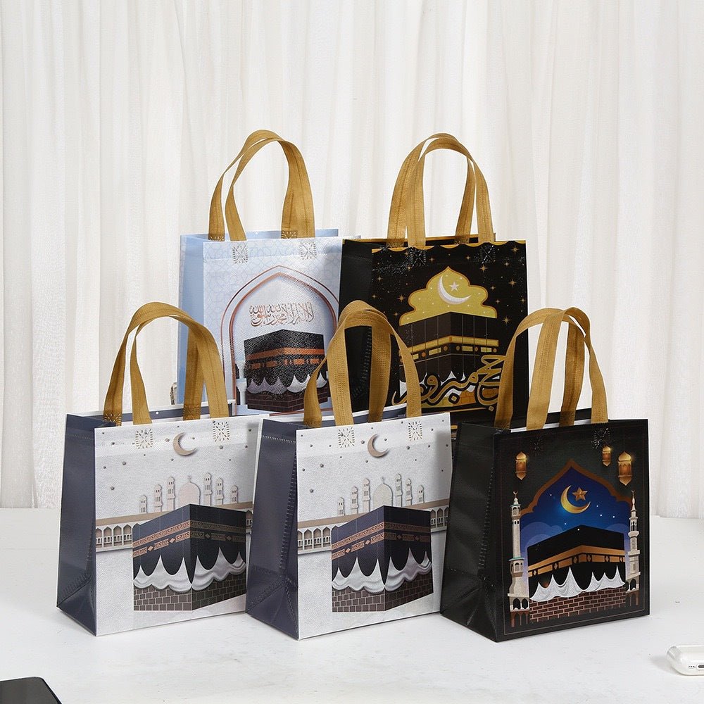 Ramadan Eid Mubarak Handheld Gift Bag Set | Kaaba Print Non-Woven Tote Bags (MAC388)