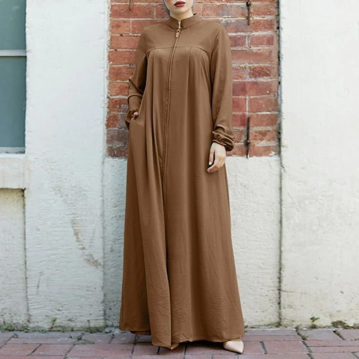 Stand-Collar Half-Zip Pullover Abaya Dress with Pockets (MA155)