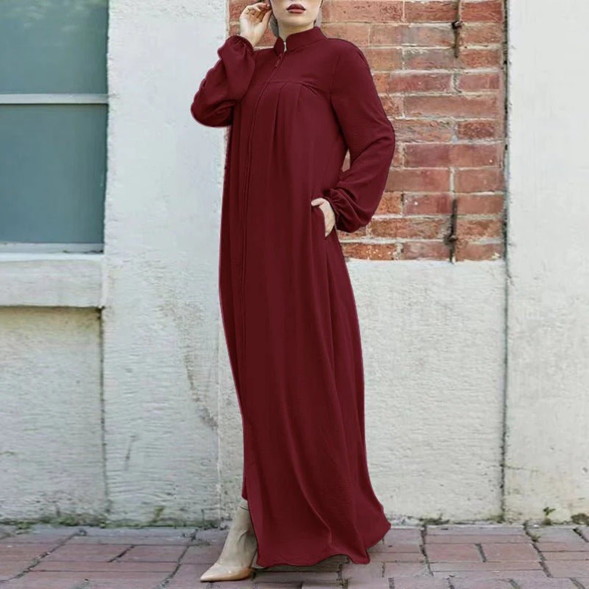 Stand-Collar Half-Zip Pullover Abaya Dress with Pockets (MA155)