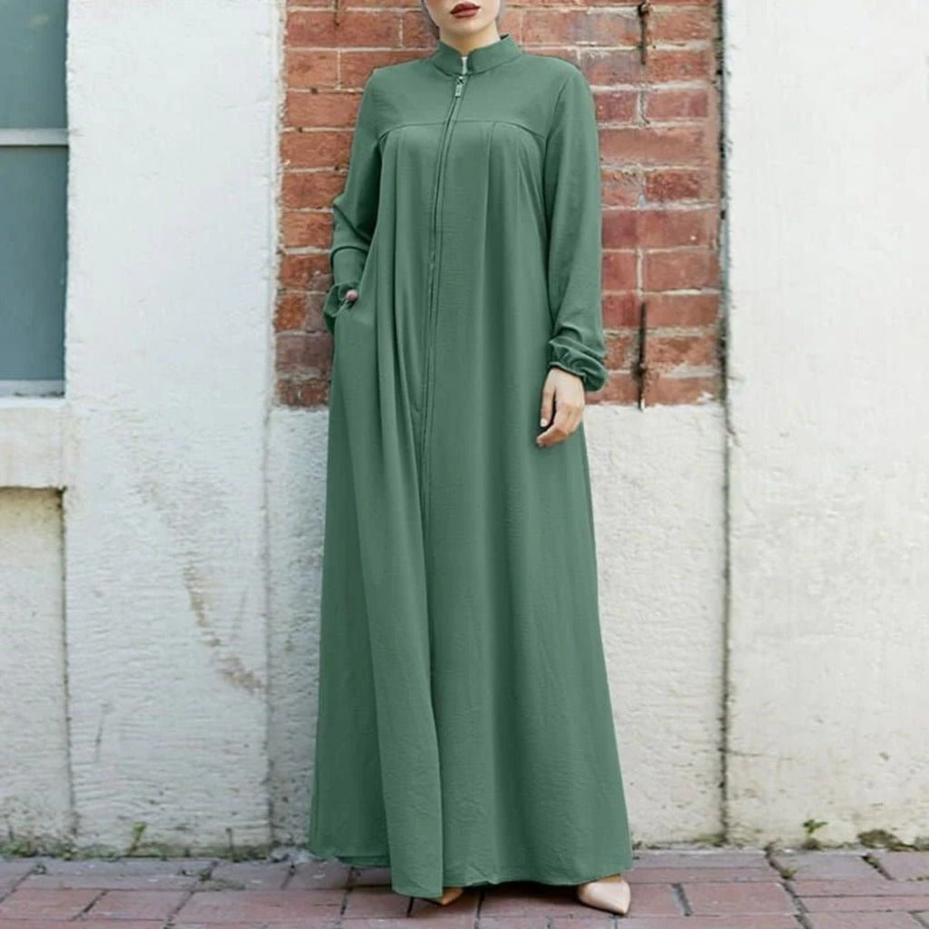 Stand-Collar Half-Zip Pullover Abaya Dress with Pockets (MA155)