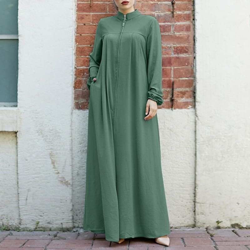 Stand-Collar Half-Zip Pullover Abaya Dress with Pockets (MA155)