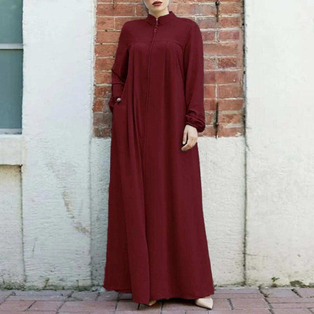 Stand-Collar Half-Zip Pullover Abaya Dress with Pockets (MA155)