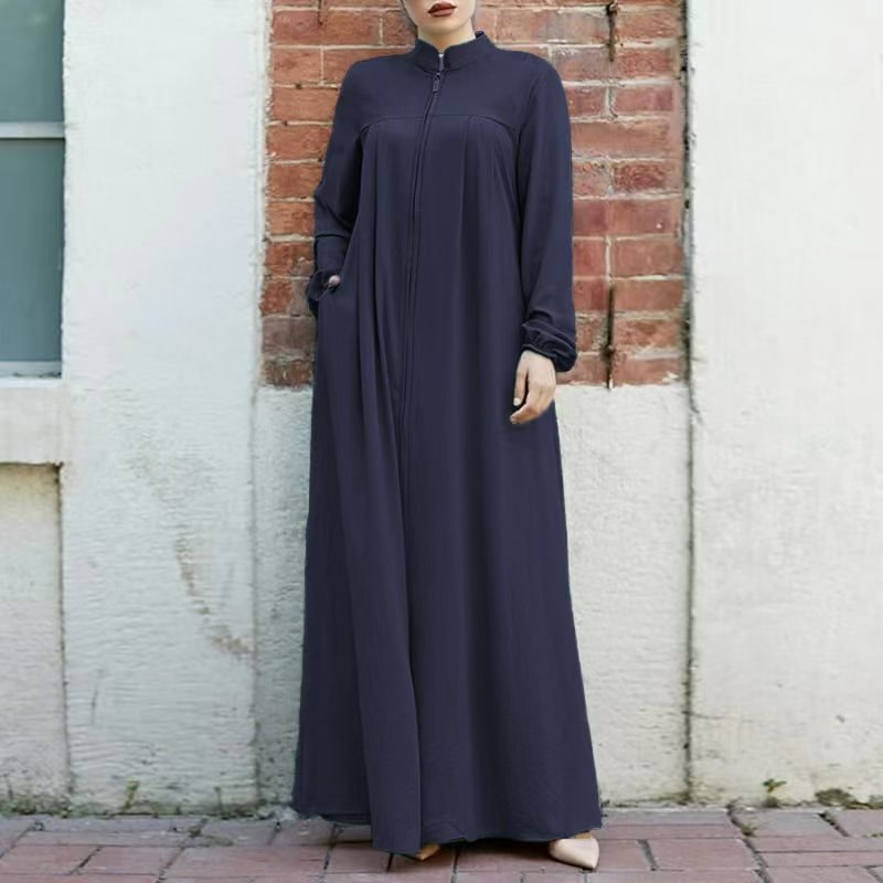 Stand-Collar Half-Zip Pullover Abaya Dress with Pockets (MA155)
