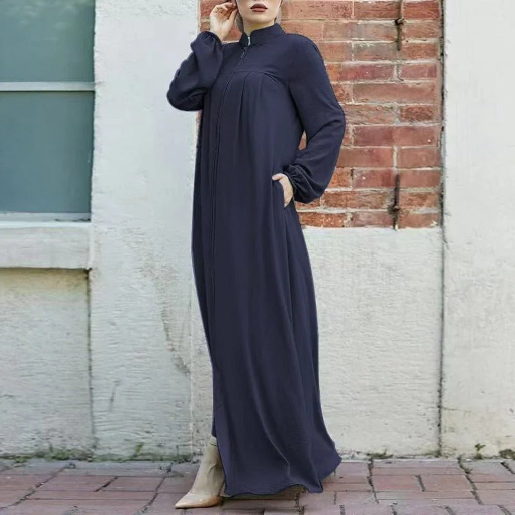 Stand-Collar Half-Zip Pullover Abaya Dress with Pockets (MA155)