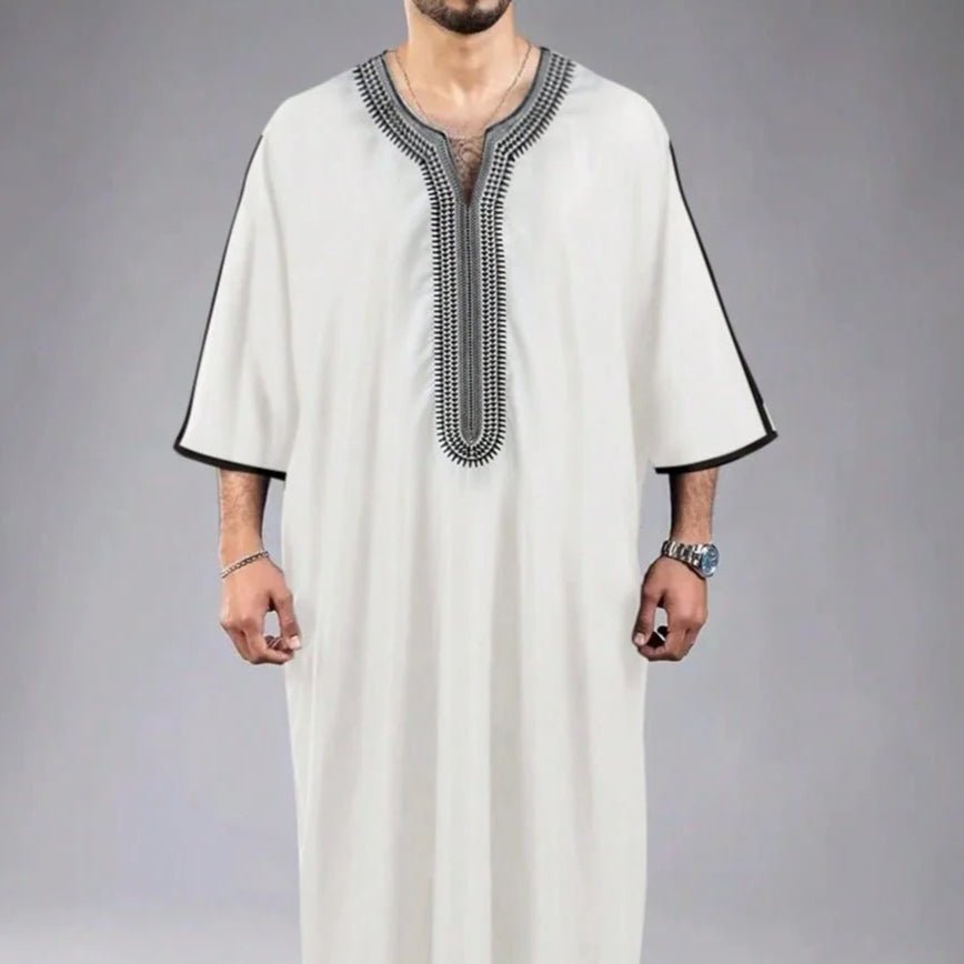 V-Neck Geometric Stitching Embroidered Medium Short Sleeve Muslim Robe Thobe (MT030)